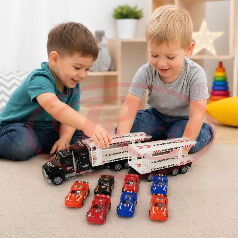 Camion Transport Masini cu Remorca Transportatoare si 8 Masinute de Curse 