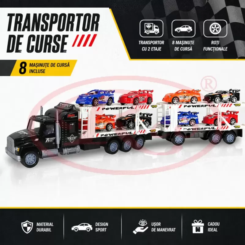 Camion Transport Masini cu Remorca Transportatoare si 8 Masinute de Curse 