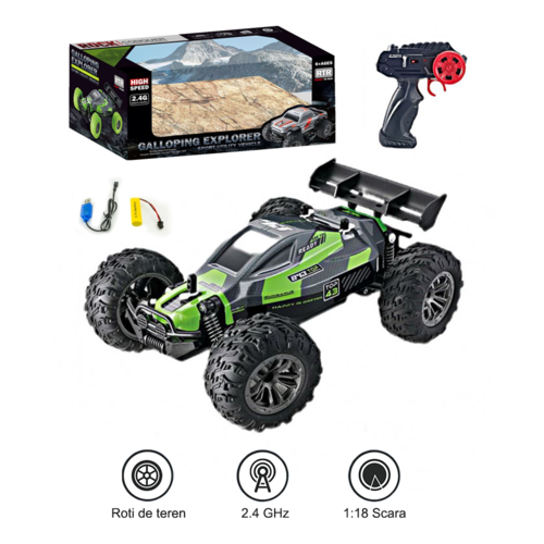 Masina cu telecomanda 2.4GHz Speedy RTR, 12 Km/h, acumulator, amortizoare, 1:18, Verde, +6 ani