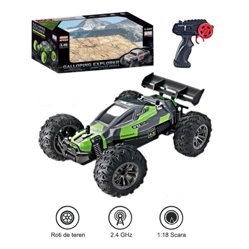 Masina cu telecomanda 2.4GHz Speedy RTR, 12 Km/h, amortizoare, 1:18, Verde, +6 ani
