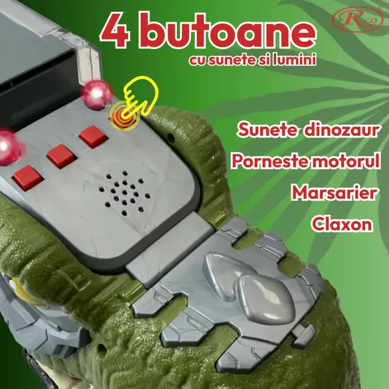 Camion cu 7 piese, cap T-Rex de jucarie, dinozauri cu lumini, sunete si detalii realistice