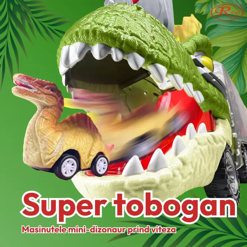 Camion cu 7 piese, cap T-Rex de jucarie, dinozauri cu lumini, sunete si detalii realistice