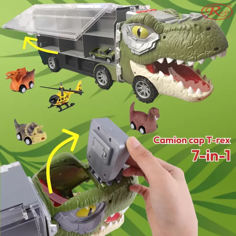 Camion cu 7 piese, cap T-Rex de jucarie, dinozauri cu lumini, sunete si detalii realistice