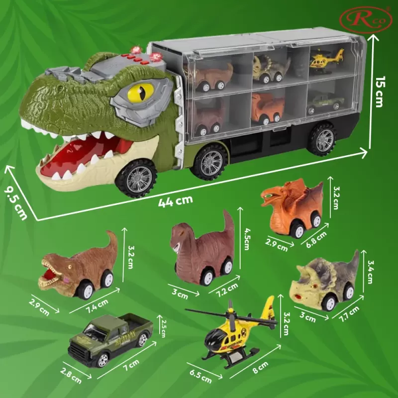 Camion cu 7 piese, cap T-Rex de jucarie, dinozauri cu lumini, sunete si detalii realistice