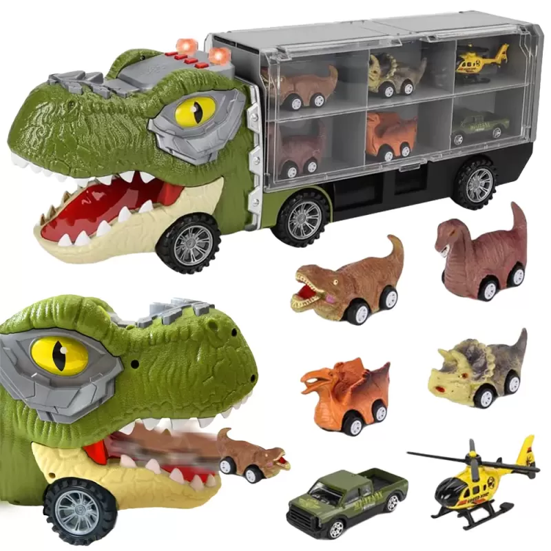 Camion cu 7 piese, cap T-Rex de jucarie, dinozauri cu lumini, sunete si detalii realistice