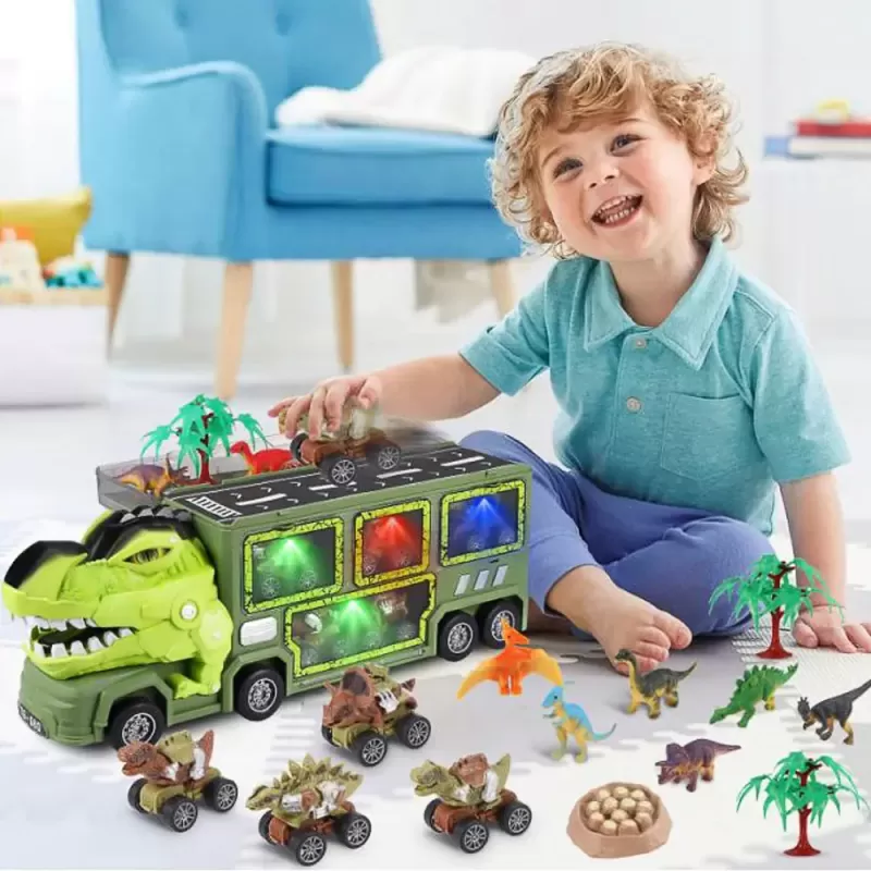 Camion cu 15 piese, cap T-Rex de jucarie, dinozauri cu lumini, sunete si detalii realistice