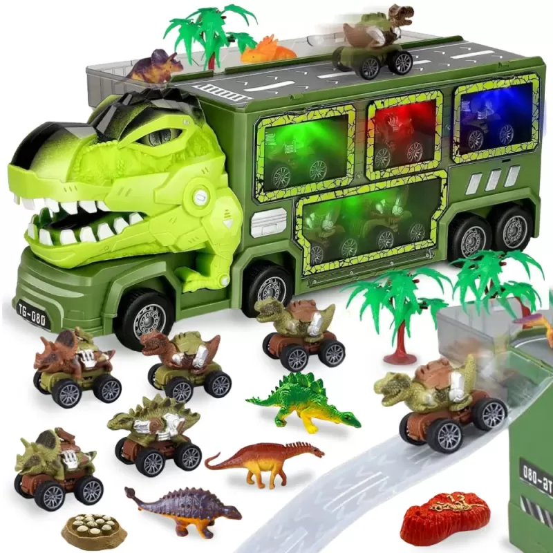 Camion cu 15 piese, cap T-Rex de jucarie, dinozauri cu lumini, sunete si detalii realistice