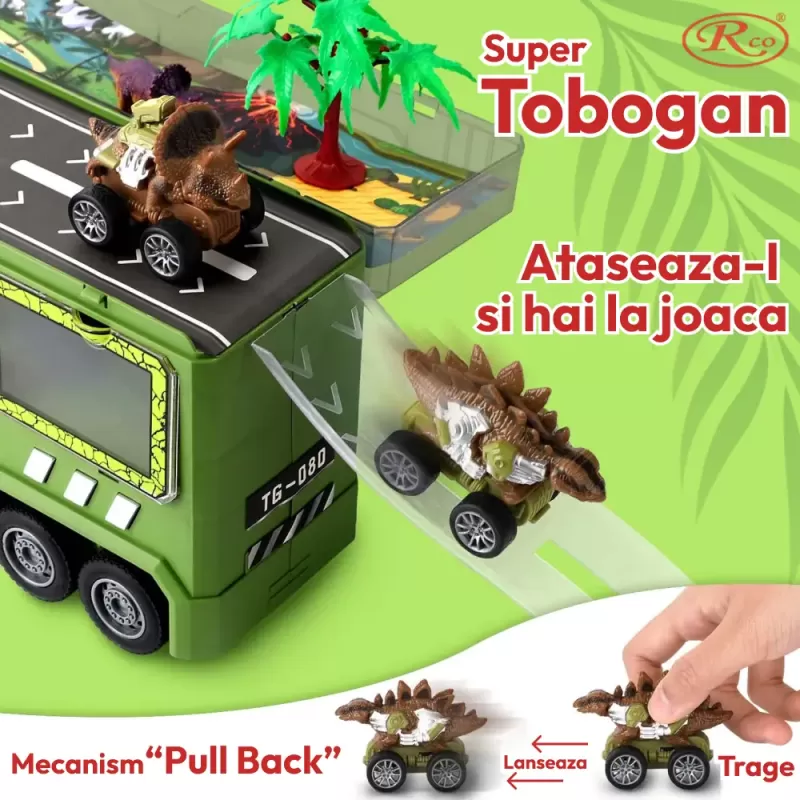 Camion cu 15 piese, cap T-Rex de jucarie, dinozauri cu lumini, sunete si detalii realistice