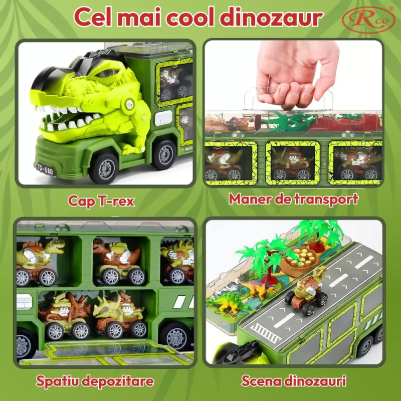 Camion cu 15 piese, cap T-Rex de jucarie, dinozauri cu lumini, sunete si detalii realistice