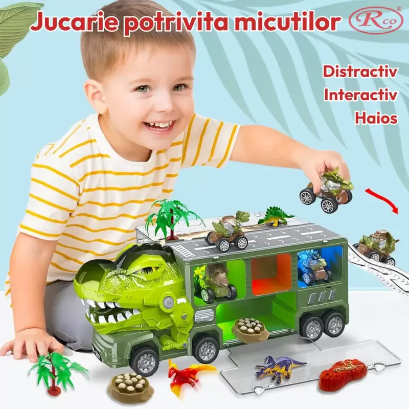 Camion cu 15 piese, cap T-Rex de jucarie, dinozauri cu lumini, sunete si detalii realistice
