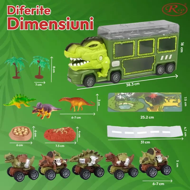 Camion cu 15 piese, cap T-Rex de jucarie, dinozauri cu lumini, sunete si detalii realistice