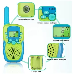 Set doua statii Walkie Talkie pentru copii, Antena si Lanterna, Raza de Actiune 3 km in spatii deschise, 8 canale de emisie, functia VOX