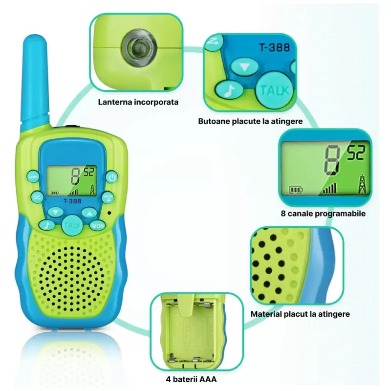 Set doua statii Walkie Talkie pentru copii, Antena si Lanterna, Raza de Actiune 3 km in spatii deschise, 8 canale de emisie, functia VOX