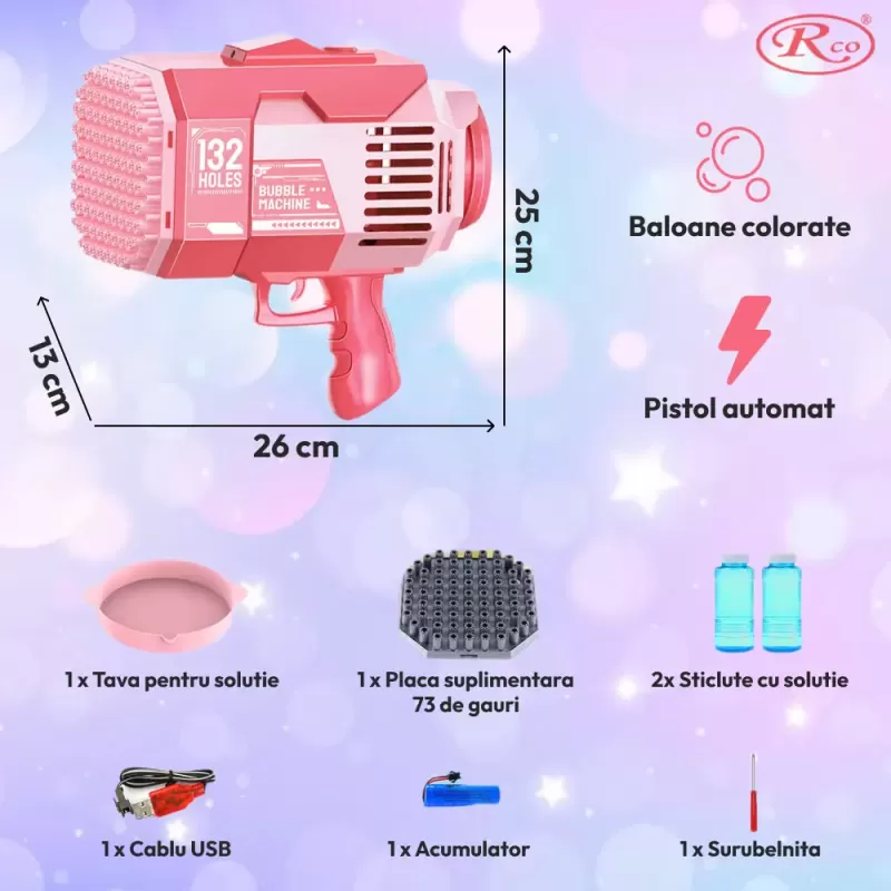 Jucarie interactiva de facut baloane, cu 2 capete interschimbabile 132 / 73 orificii, Bubble Fun, Roz 