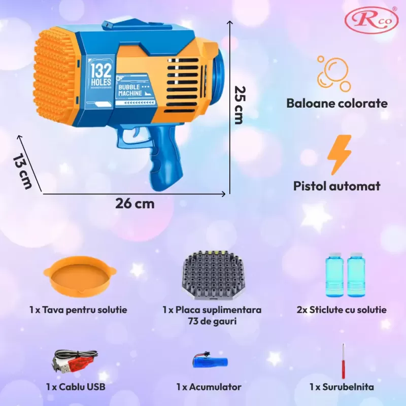 Pistol automat de facut baloane, cu 2 capete interschimbabile 132 / 73 orificii, Bubble Rocket, Albastru