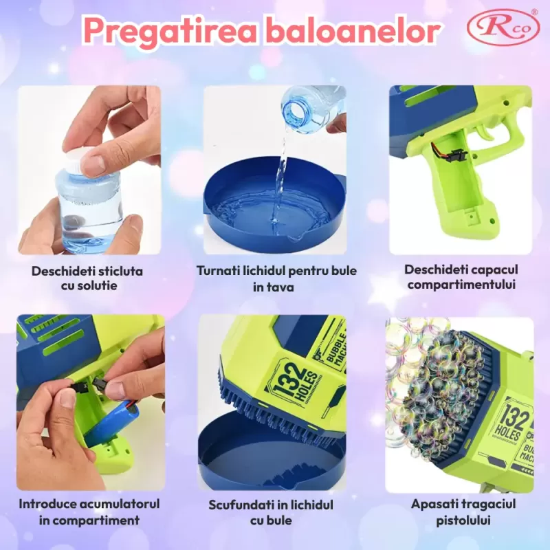 Pistol automat de facut baloane, cu 2 capete interschimbabile 132 / 73 orificii, Bubble Rocket, Albastru