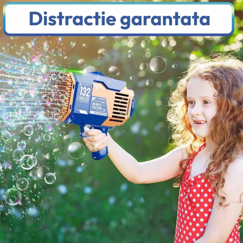 Pistol automat de facut baloane, cu 2 capete interschimbabile 132 / 73 orificii, Bubble Rocket, Albastru