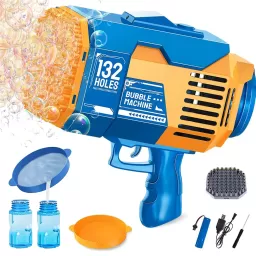 Pistol automat de facut baloane, cu 2 capete interschimbabile 132 / 73 orificii, Bubble Rocket, Albastru