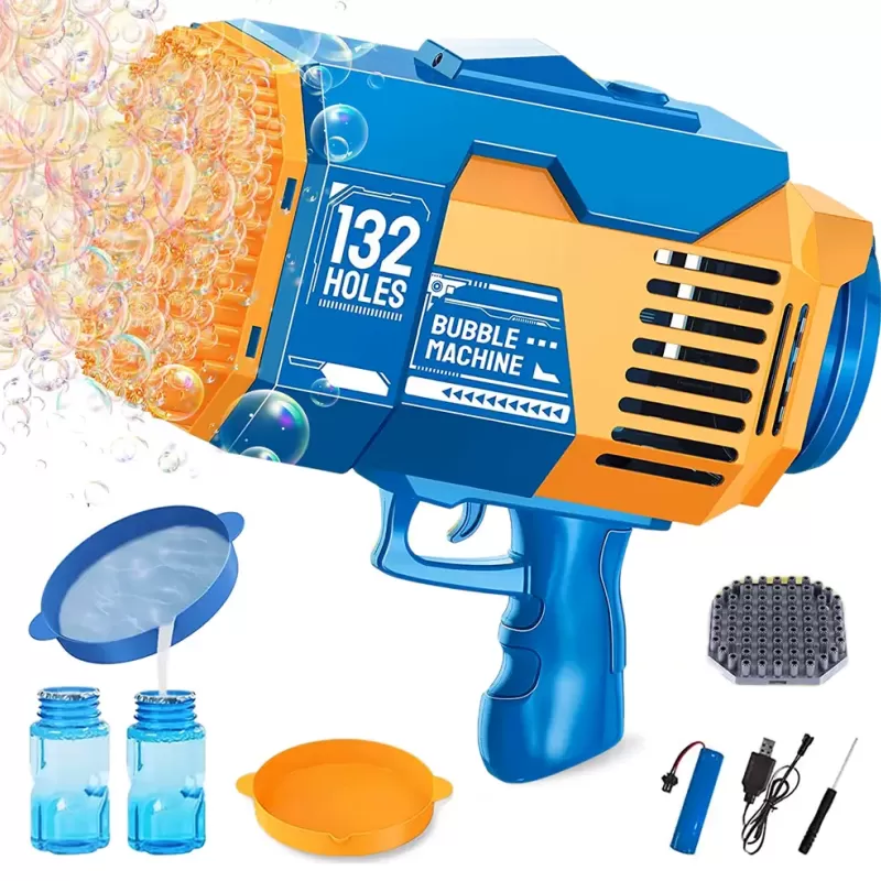 Pistol automat de facut baloane, cu 2 capete interschimbabile 132 / 73 orificii, Bubble Rocket, Albastru