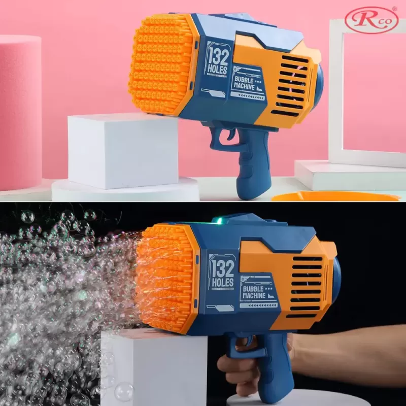 Pistol automat de facut baloane, cu 2 capete interschimbabile 132 / 73 orificii, Bubble Rocket, Albastru