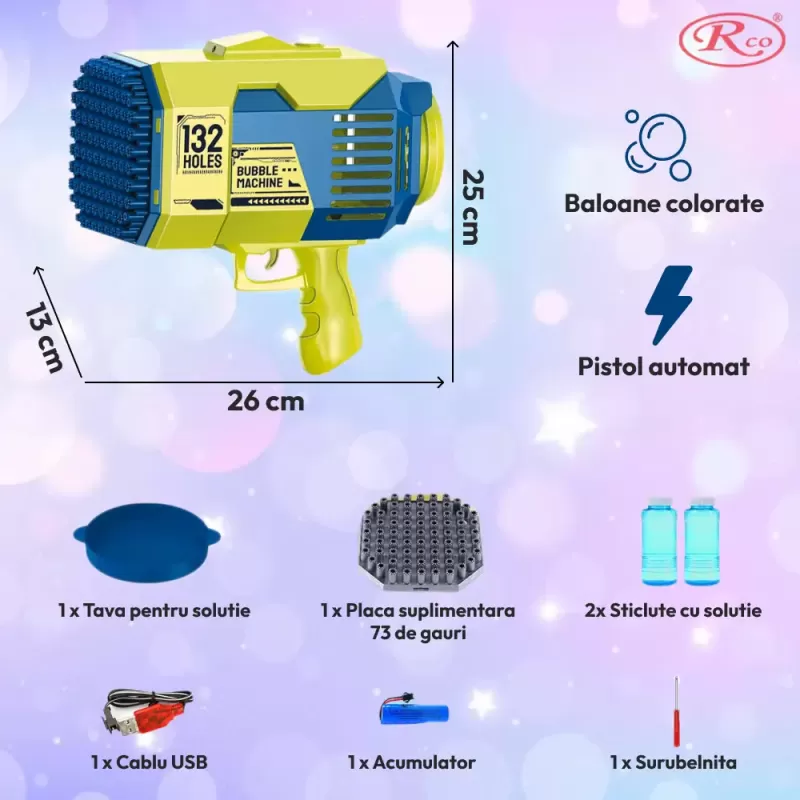 Jucarie interactiva de facut baloane, cu 2 capete interschimbabile 132 / 73 orificii, Bubble Fun, Verde