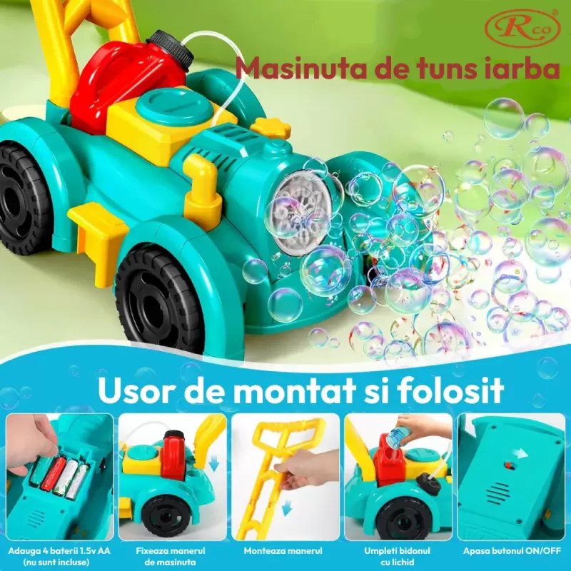 Masinuta de Tuns Iarba cu Functie Bubble Maker, 43 x 44 x 19 cm, 3+ Ani