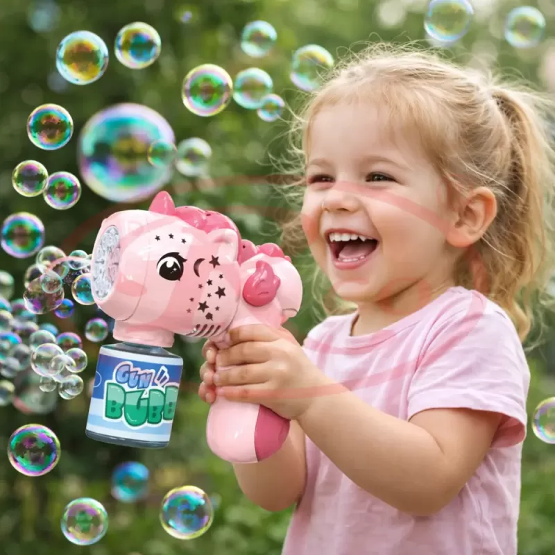 Jucarie pentru baloane din sapun, Pink Unicorn RCO, cu rezerva de lichid, 20 orificii evacuare