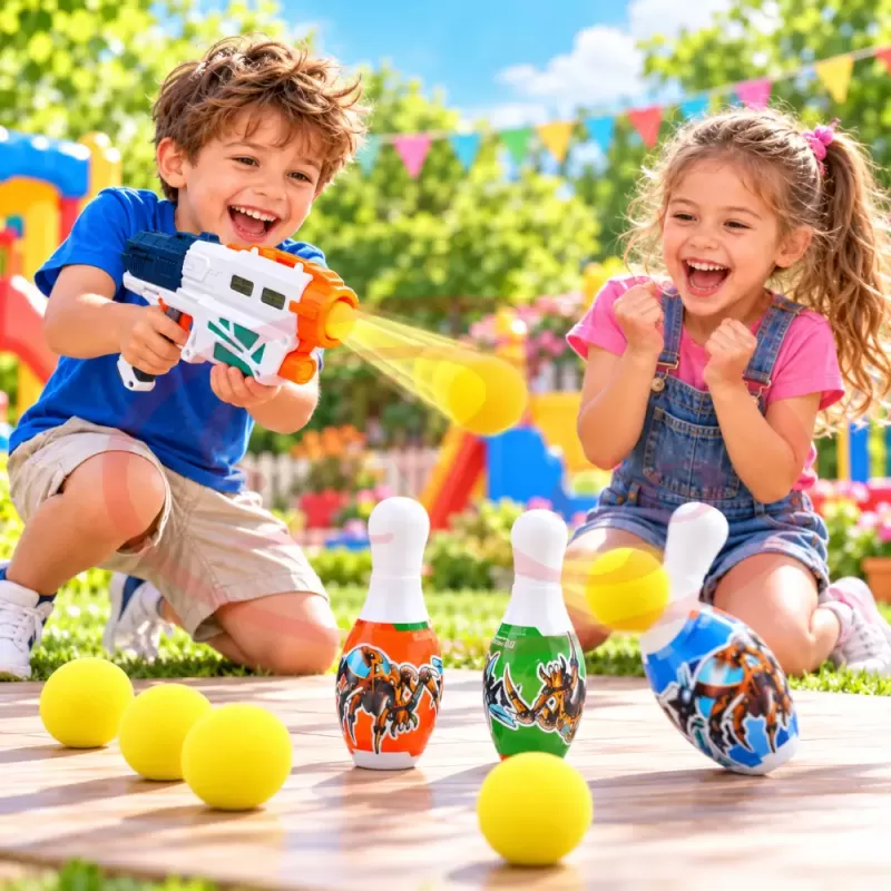 Set cu mingi din spuma si mini popice pentru interior si exterior