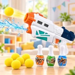 Set lansator 2 in 1 pentru copii, cu apa si mingi moi din spuma, 3 mini popice