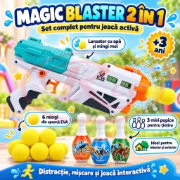Set lansator 2 in 1 pentru copii, cu apa si mingi moi din spuma, 3 mini popice
