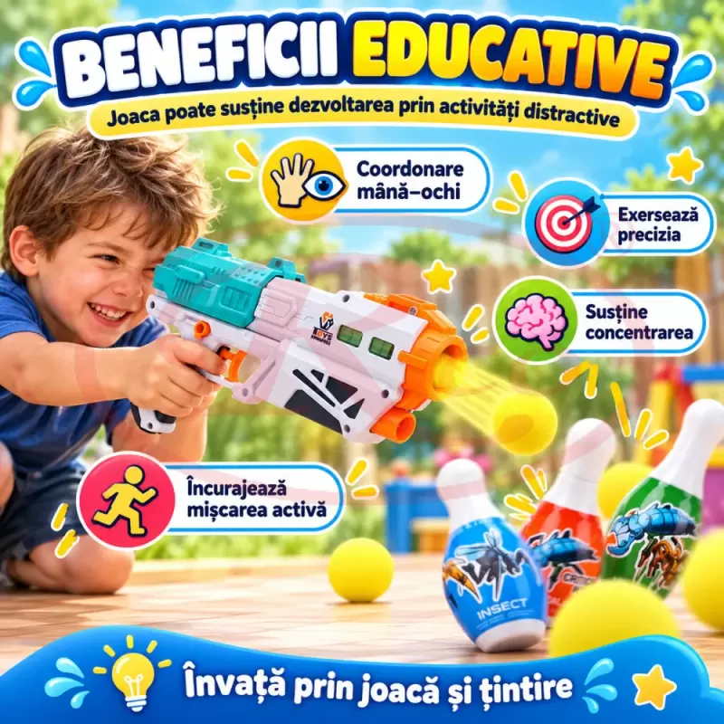 Set cu mingi din spuma si mini popice pentru interior si exterior