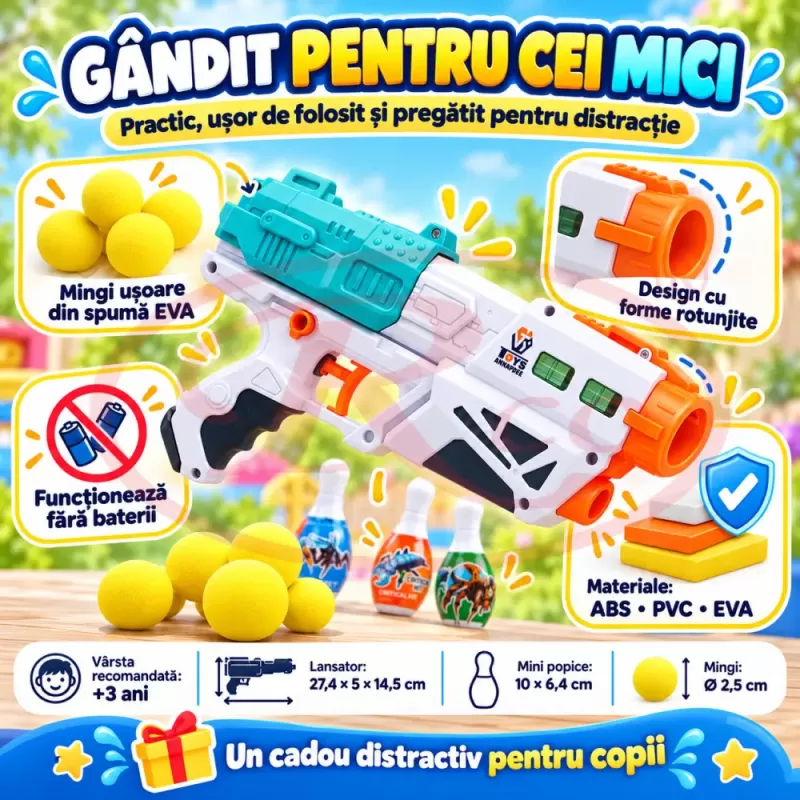 Set cu mingi din spuma si mini popice pentru interior si exterior