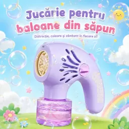 Jucarie cu baloane de sapun, lumini LED multicolore si ventilator integrat, cu rezerva de lichid, 20 orificii evacuare, Mov