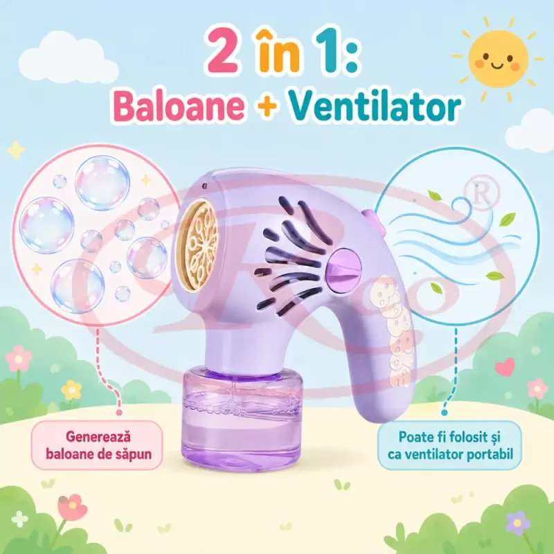 Generator de baloane de sapun transparente si multicolore cu ventilator portabil cu 20 de orificii