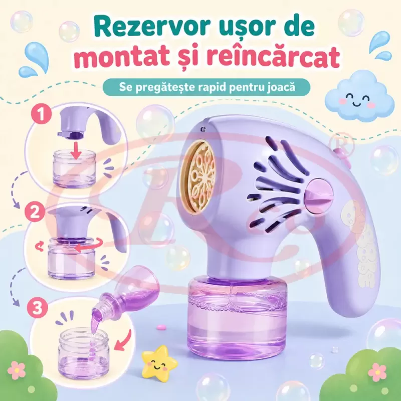 Generator de baloane de sapun transparente si multicolore cu ventilator portabil cu 20 de orificii