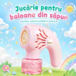 Jucarie cu baloane de sapun, lumini LED multicolore si ventilator integrat, cu rezerva de lichid, 20 orificii evacuare, Roz