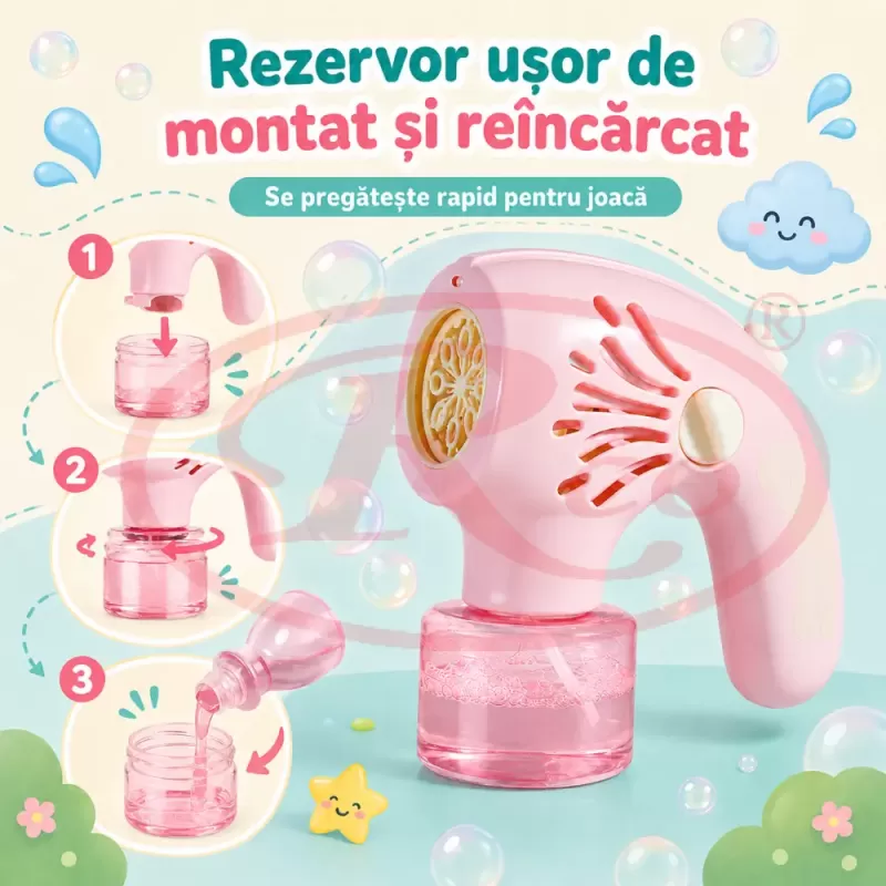 Generator de baloane de sapun transparente si multicolore cu ventilator portabil cu 20 de orificii