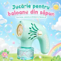 Jucarie cu baloane de sapun, lumini LED multicolore si ventilator integrat, cu rezerva de lichid, 20 orificii evacuare, Turcoaz