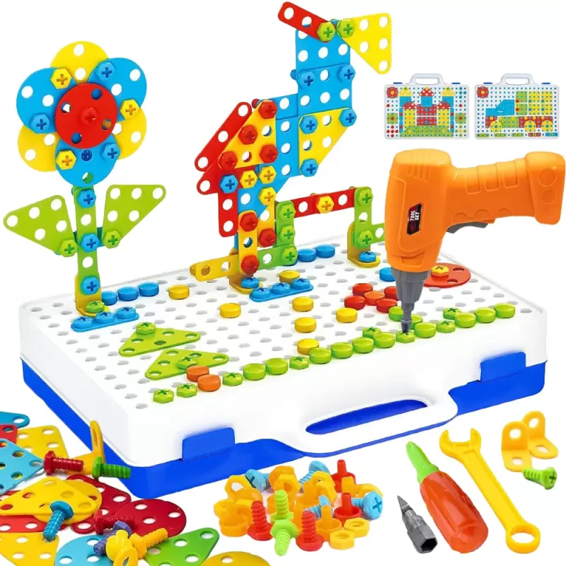 Jucarie educativa si interactiva STEM, set de constructie puzzle din ABS cu bormasina pentru inginerie 2D si 3D cu 237 piese, carcasa portabila, +3