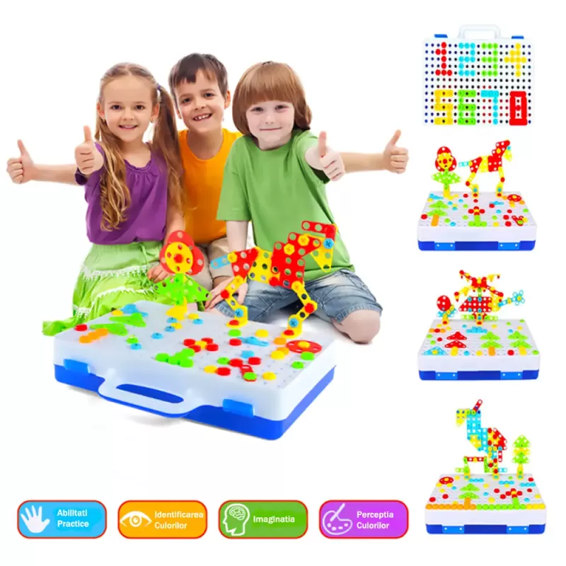 Jucarie educativa si interactiva STEM, set de constructie puzzle din ABS cu bormasina pentru inginerie 2D si 3D cu 237 piese, carcasa portabila, +3