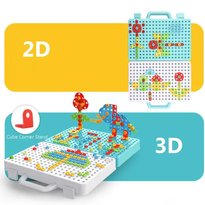 Jucarie educativa si interactiva STEM, set de constructie puzzle din ABS cu bormasina pentru inginerie 2D si 3D cu 237 piese, carcasa portabila, +3