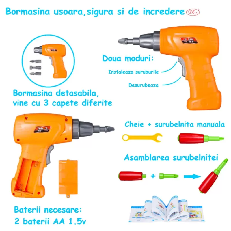 Jucarie educativa si interactiva STEM, set de constructie puzzle din ABS cu bormasina pentru inginerie 2D si 3D cu 237 piese, carcasa portabila, +3