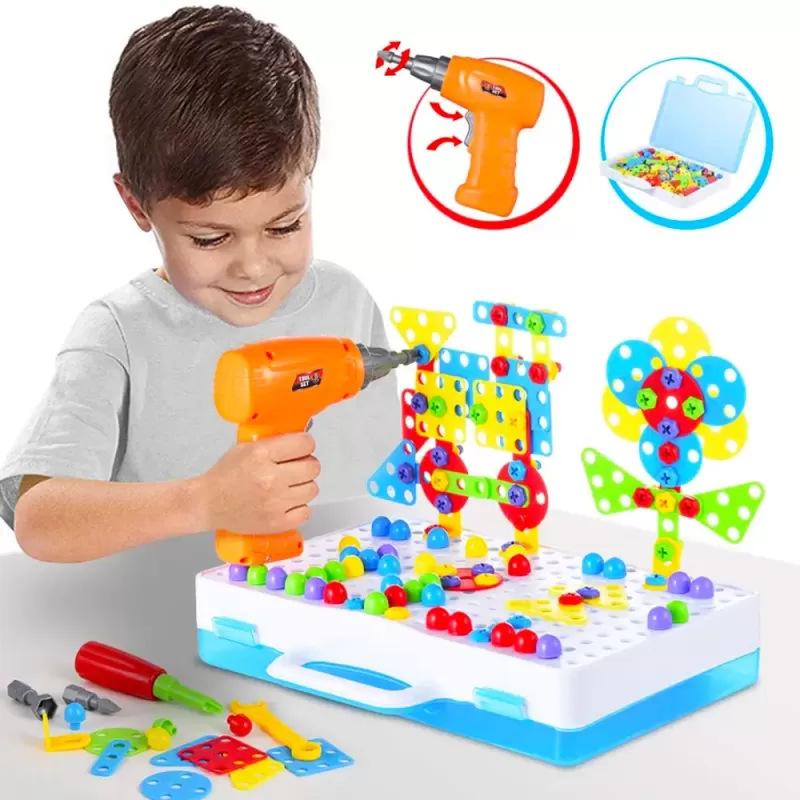 Jucarie educativa si interactiva STEM, set de constructie puzzle din ABS cu bormasina pentru inginerie 2D si 3D cu 237 piese, carcasa portabila, +3