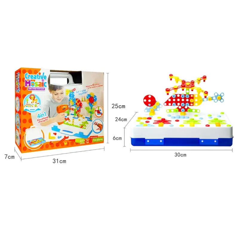 Jucarie educativa si interactiva STEM, set de constructie puzzle din ABS cu bormasina pentru inginerie 2D si 3D cu 237 piese, carcasa portabila, +3