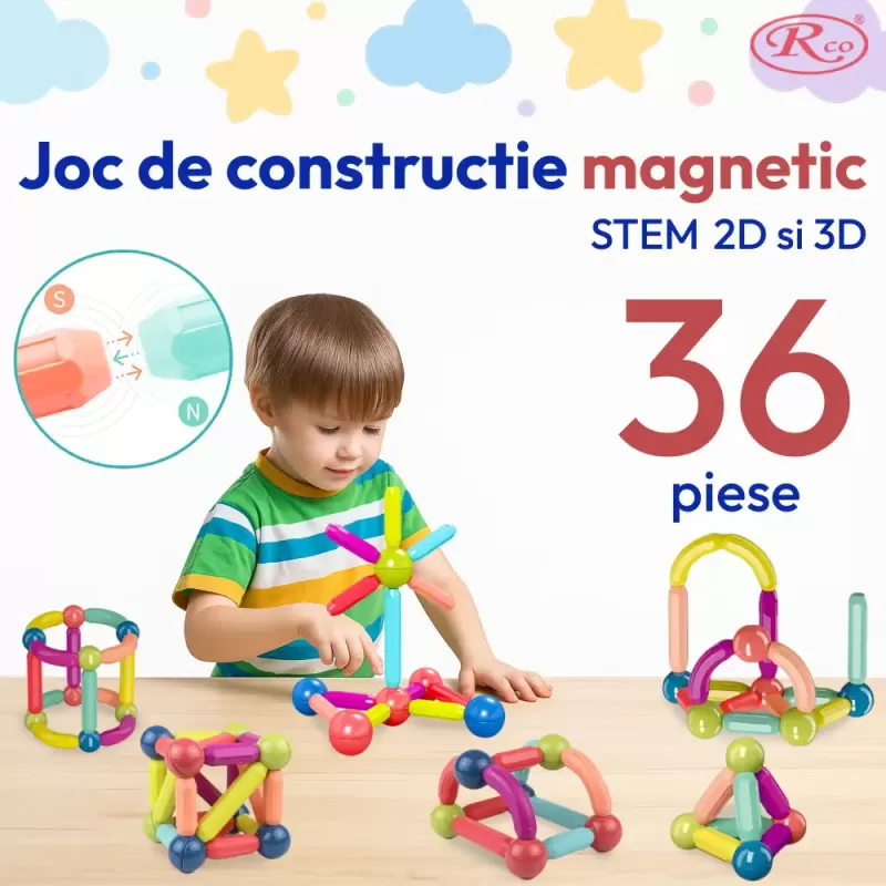 Set de Constructie Magnetica STEM 36 Piese – Bile si Tije 2D & 3D