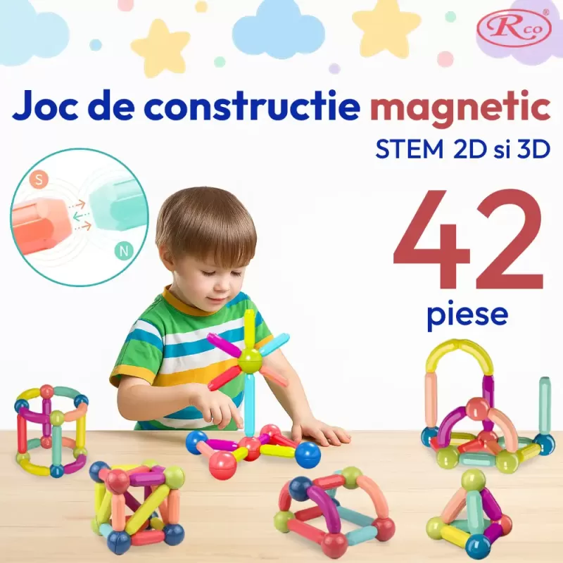 Set de Constructie Magnetica STEM 42 Piese – Bile si Tije 2D & 3D