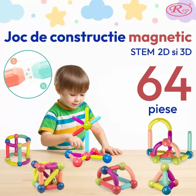 Set de Constructie Magnetica STEM 64 Piese – Bile si Tije 2D & 3D
