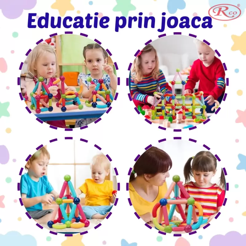 Set de Constructie Magnetica STEM 103 Piese si Cutie depozitare – Bile si Tije 2D & 3D