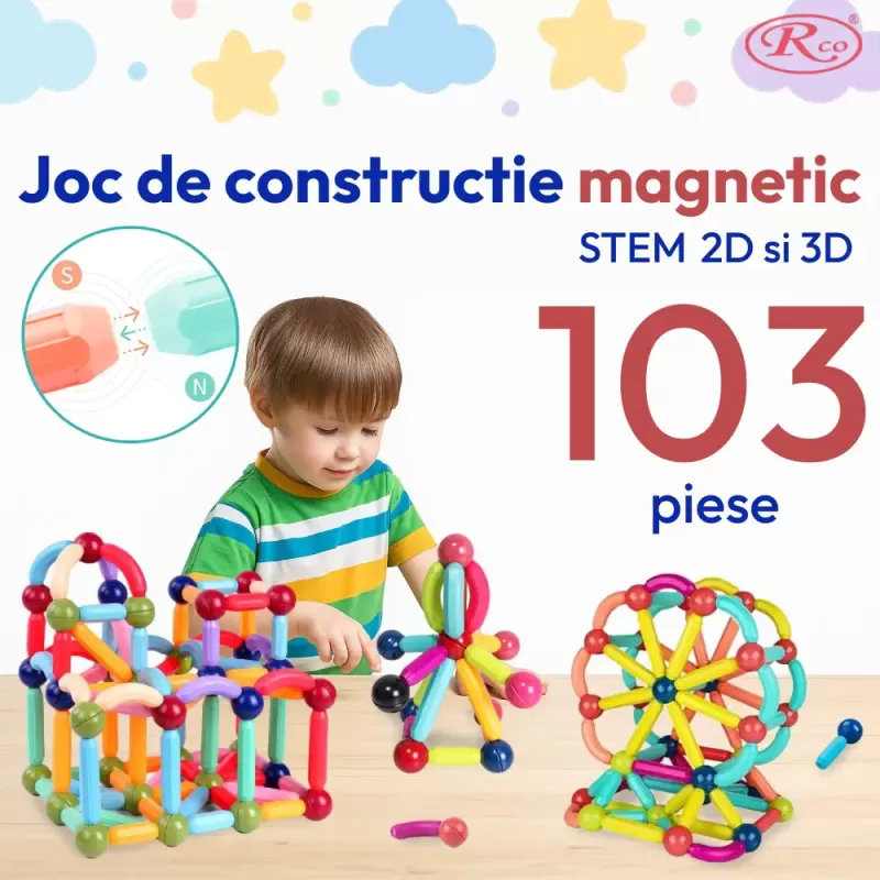 Set de Constructie Magnetica STEM 103 Piese si Cutie depozitare – Bile si Tije 2D & 3D