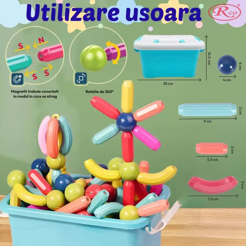 Set de Constructie Magnetica STEM 130 Piese si Cutie depozitare – Bile si Tije 2D & 3D